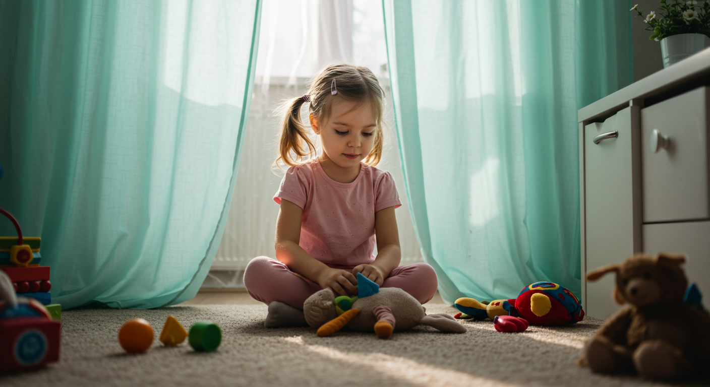 Девочка играет на ковре под мятными шторами в детской комнате