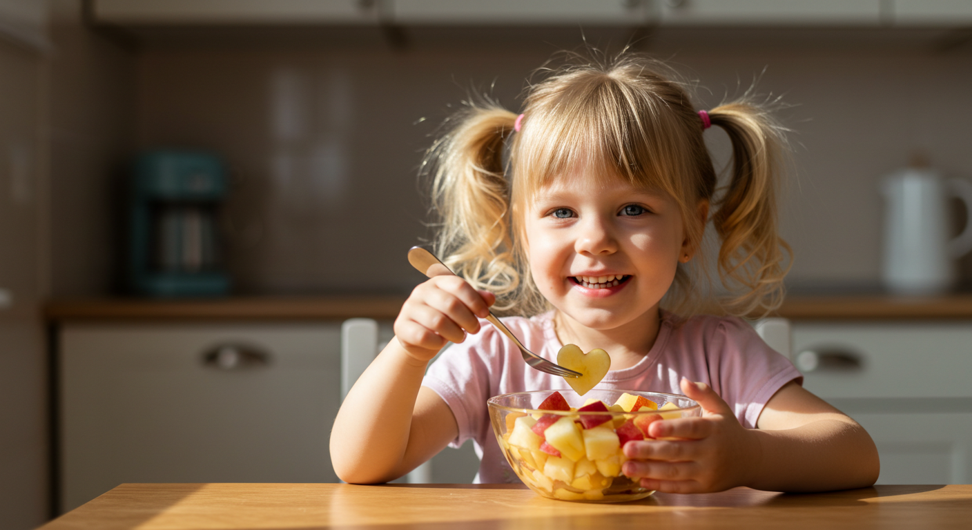 Девочка наслаждается фруктовым салатом в домашней кухне с солнечным светом