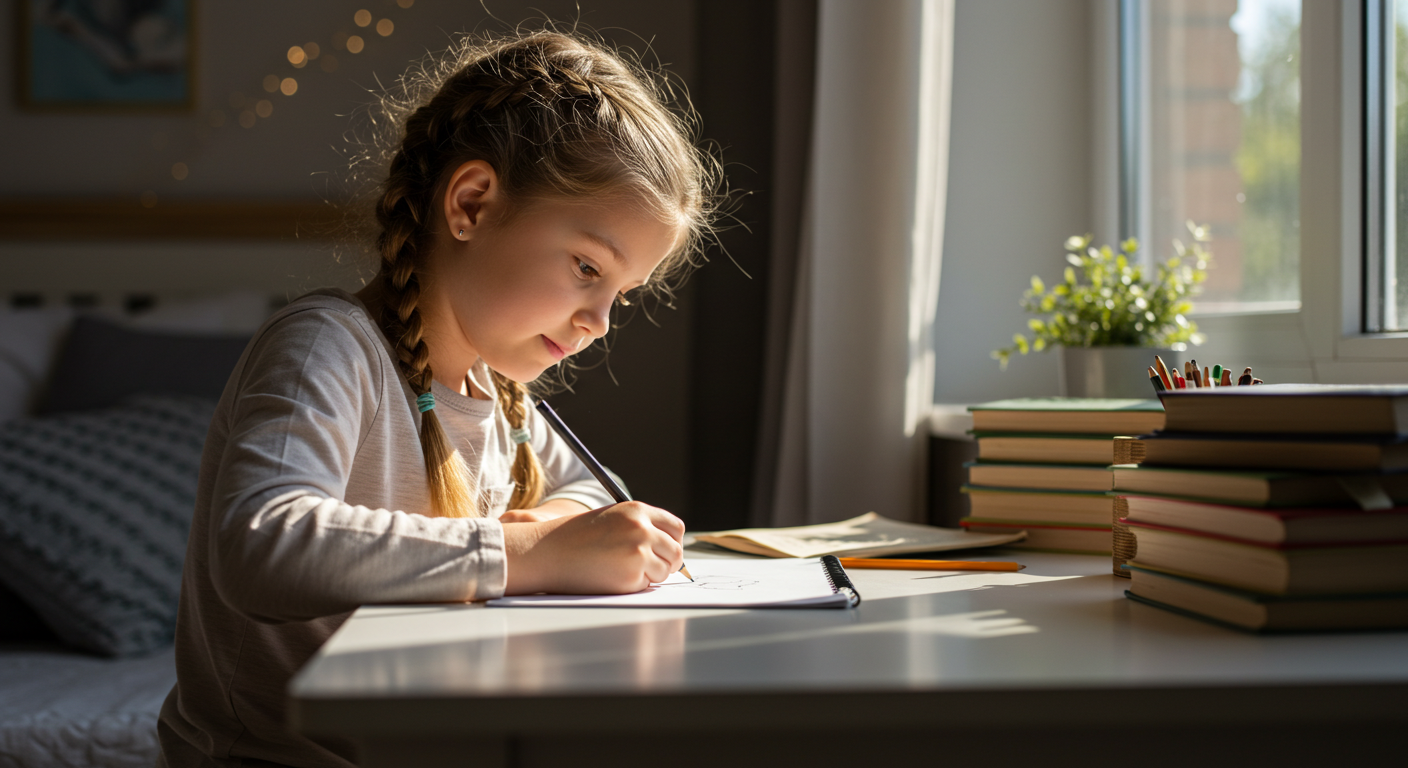 Девочка рисует у окна в спальне, уютный свет, вечер