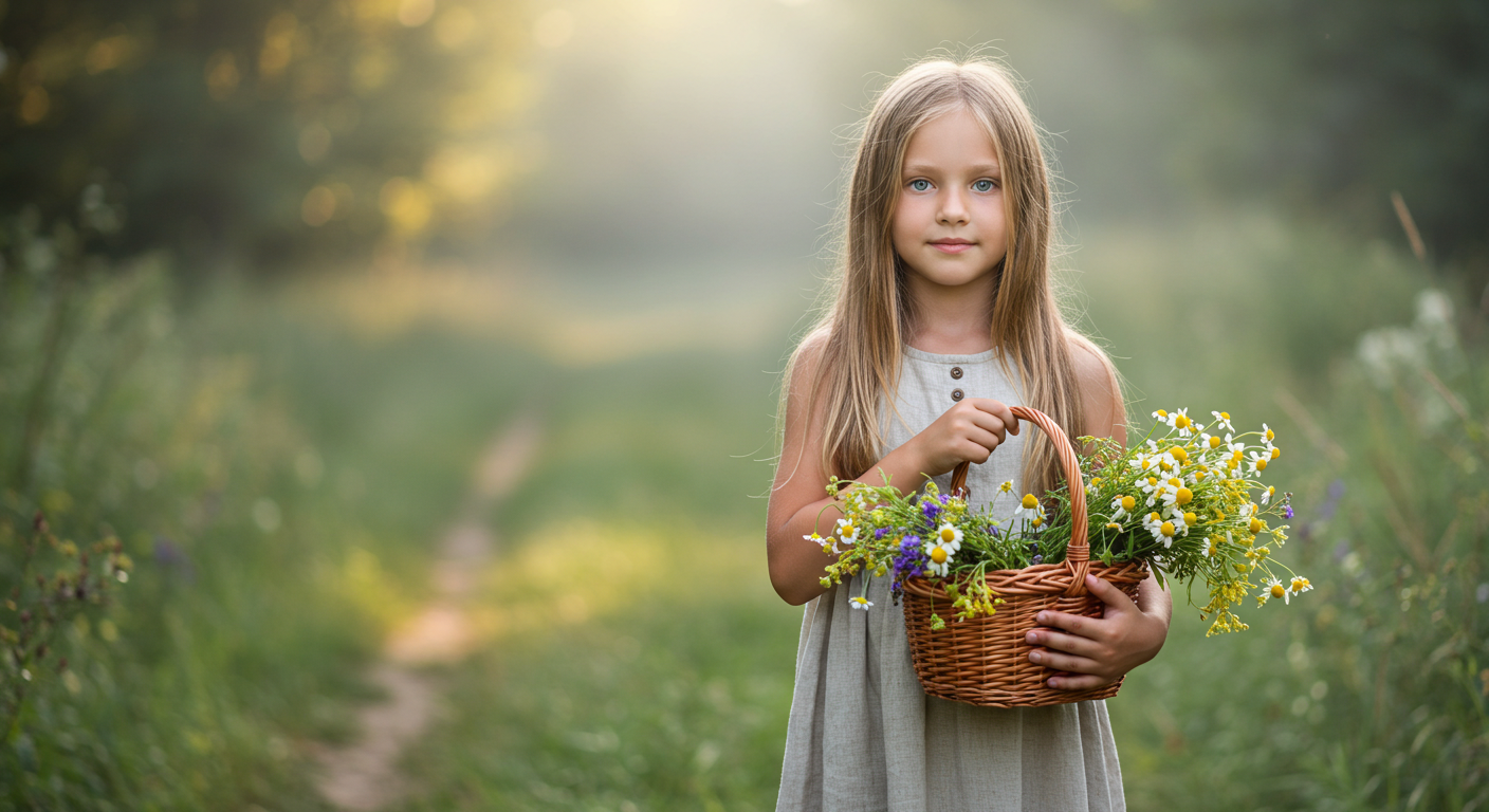 Девочка собирает полевые цветы и травы для венка на лесной тропинке