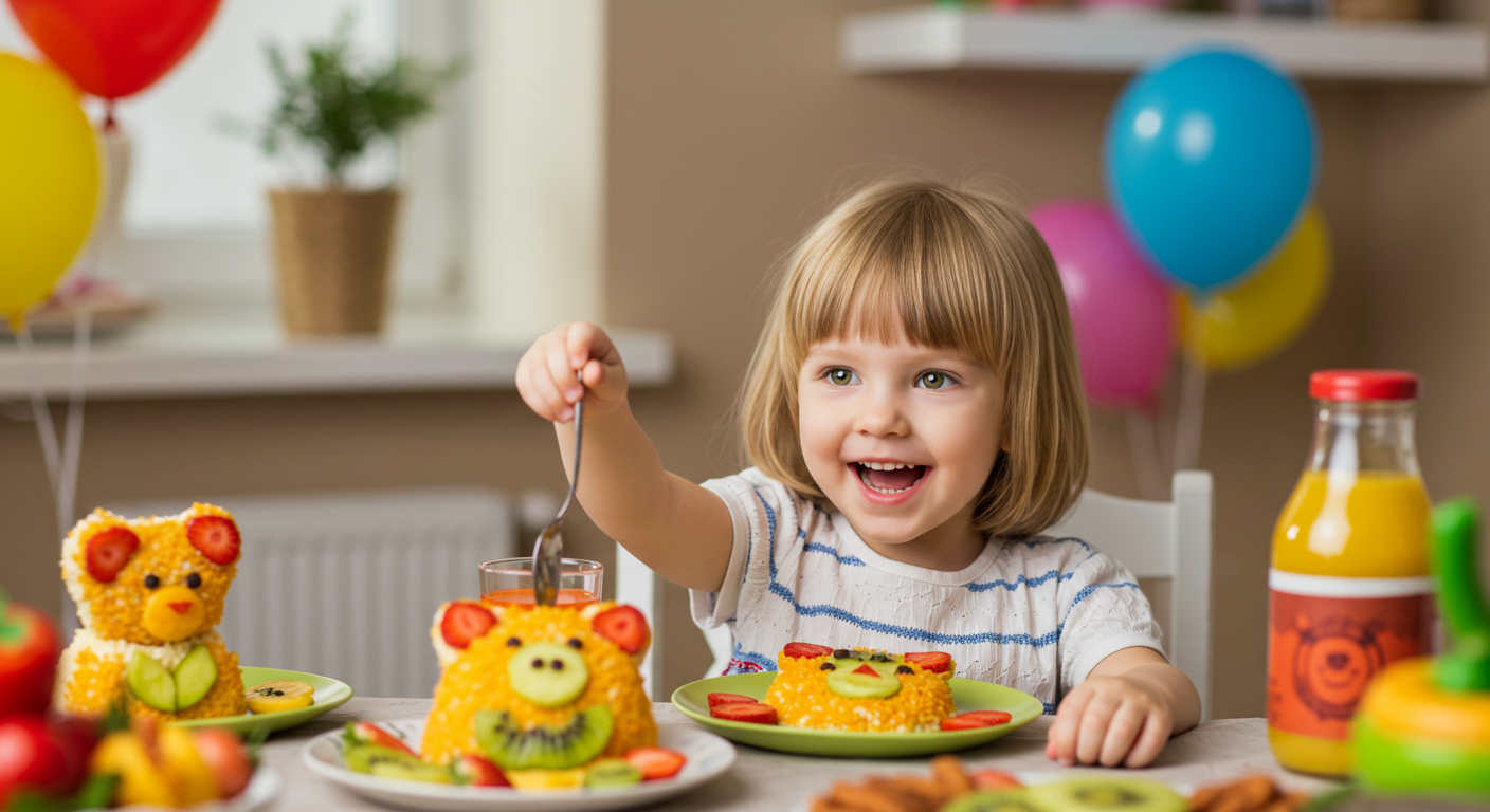 Девочка радуется фруктовым салатам в виде зверюшек на праздничном столе