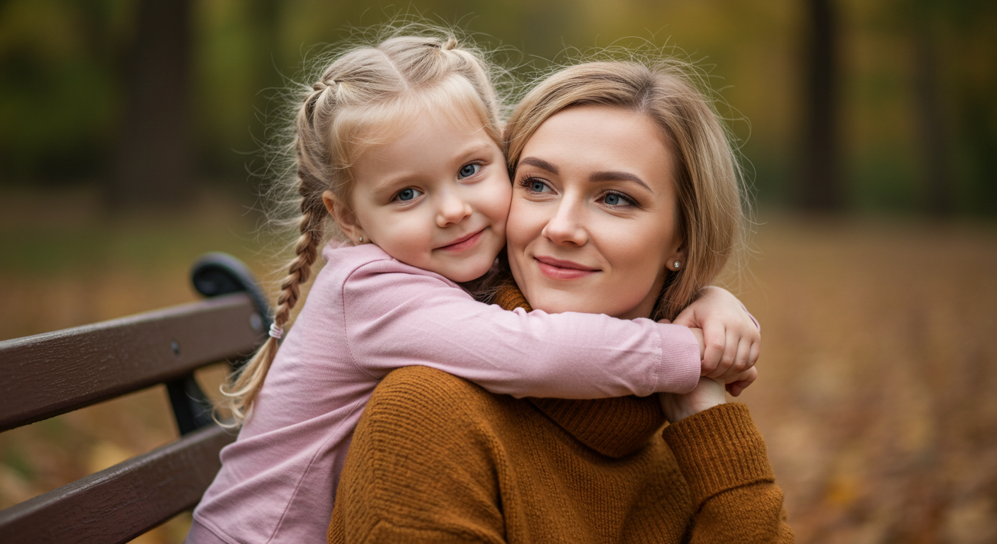 Дочка обнимает маму сзади на скамейке в парке среди осенних листьев