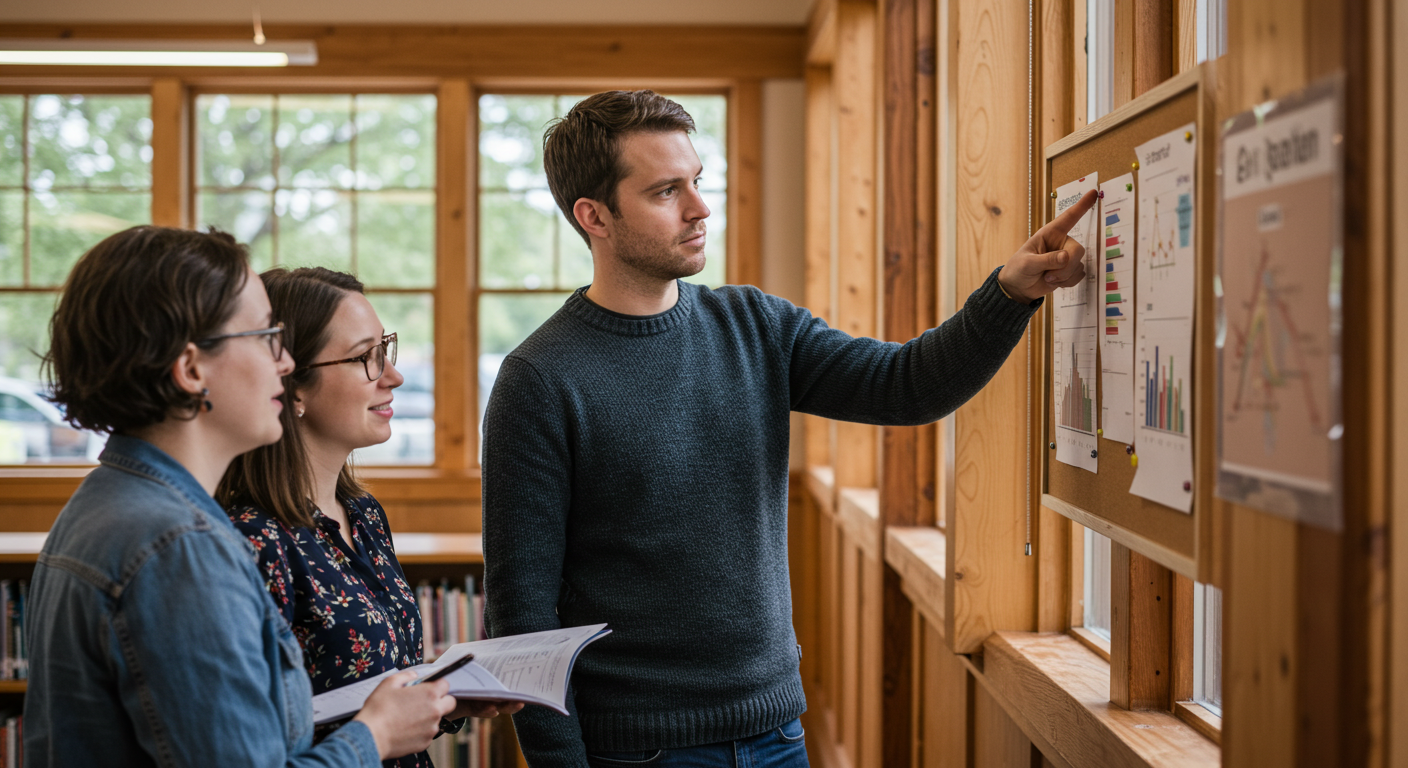 Группа родителей и детей в библиотеке обсуждают родительские инициативы и проекты