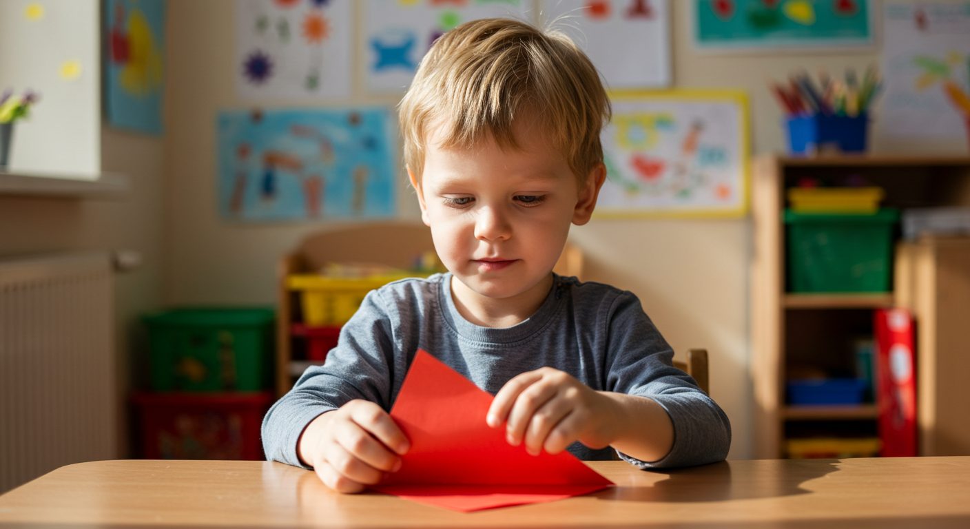 Мальчик 5 лет сосредоточенно складывает красную бумагу в детском саду