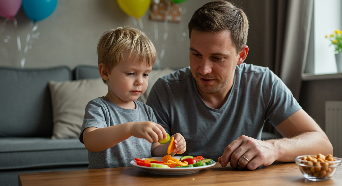 Мальчик делает закуску из овощей с отцом в уютной гостиной