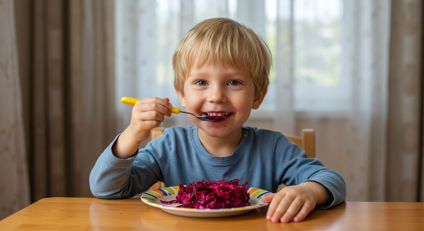 Мальчик ест свекольный салат как в детском саду из яркой тарелки
