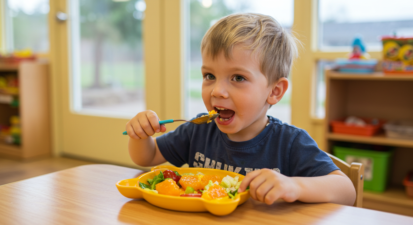 Мальчик ест яркий салат из овощей в детском саду