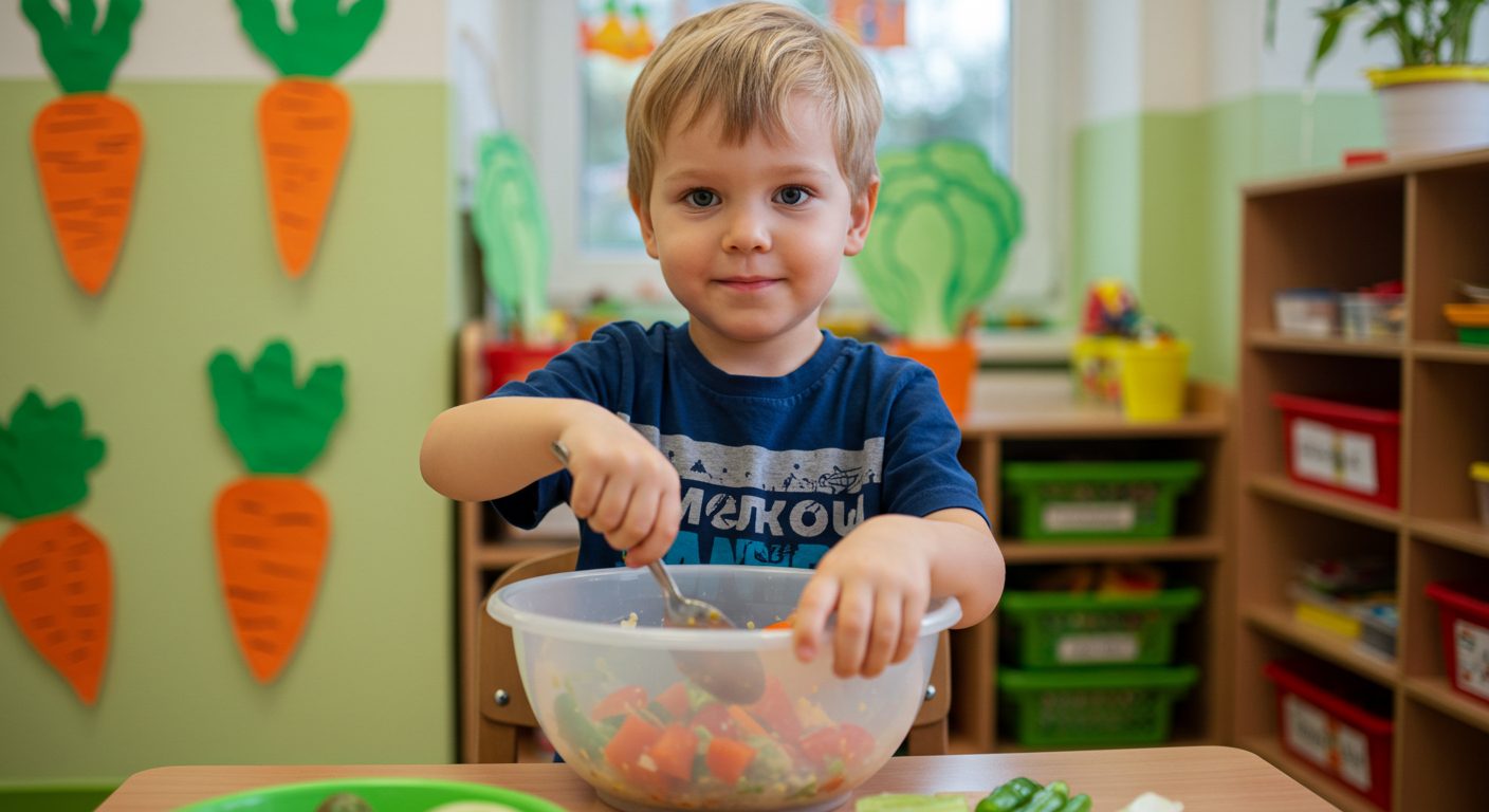 Мальчик готовит овощной салат в классе детского сада