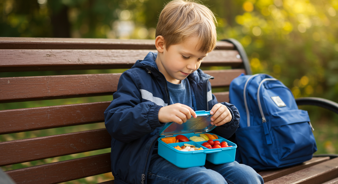 Мальчик открывает школьный ланч бокс в парке с яркой едой внутри