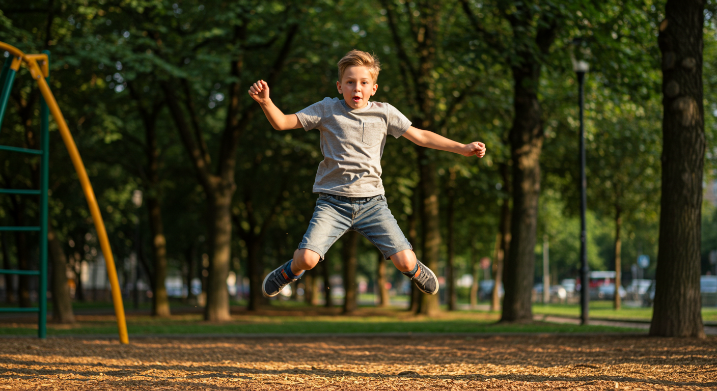 Мальчик прыгает на скакалке на детской площадке под деревьями, утро