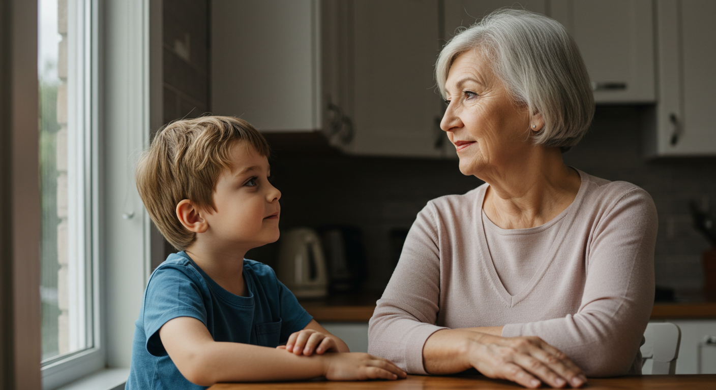 Мальчик сидит рядом с бабушкой, оба смотрят в окно на кухне в утреннем свете