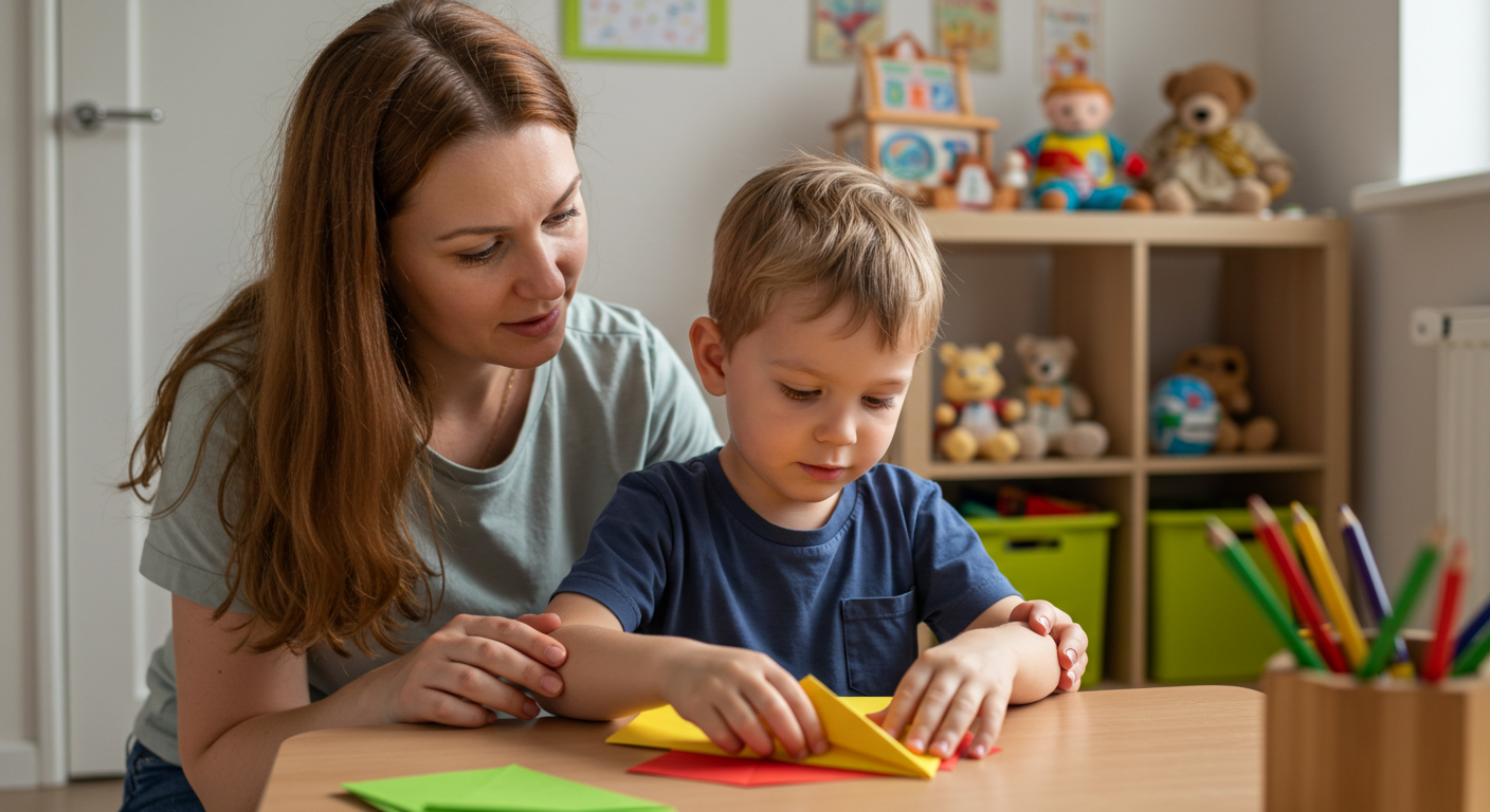 Мальчик складывает бумажный самолетик, мама его поддерживает в детской комнате
