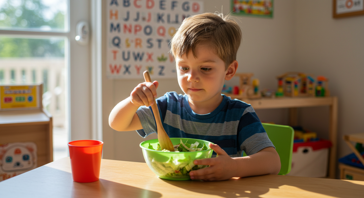 Мальчик смешивает салат для детского стола в игровой комнате с ярким освещением