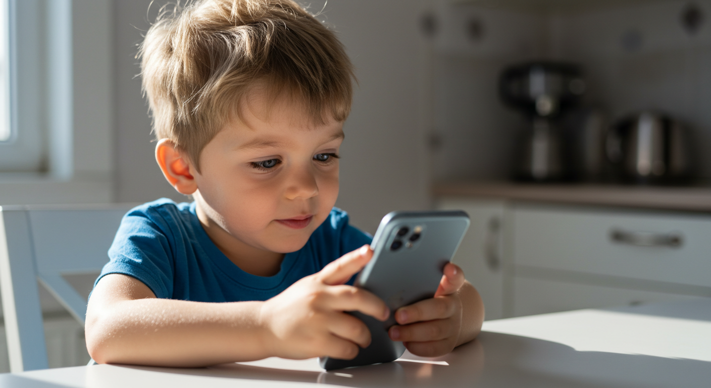 Мальчик собирает телефон из спичечного коробка на кухонном столе