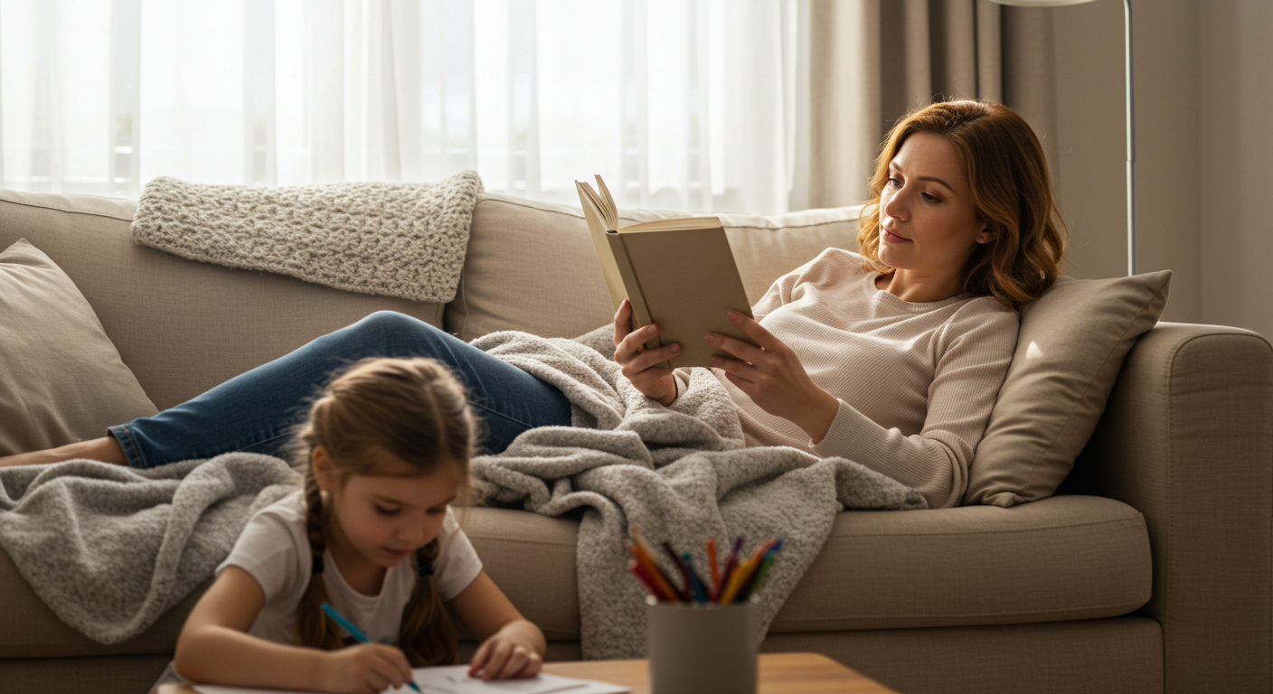 Мама читает книгу на диване, а дочь рисует рядом на полу