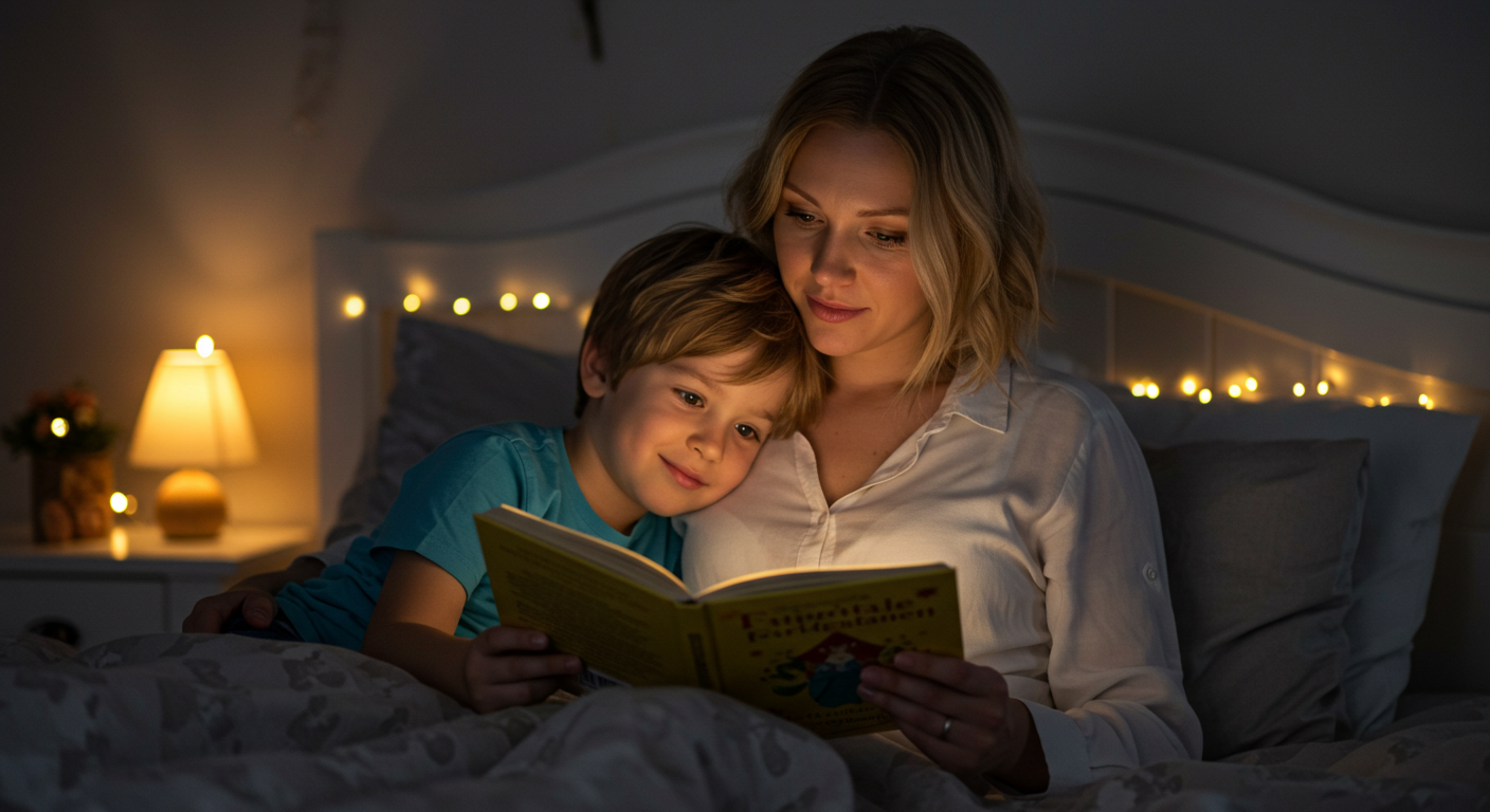 Мама читает сказку сыну в вечерней спальне с мягким светом