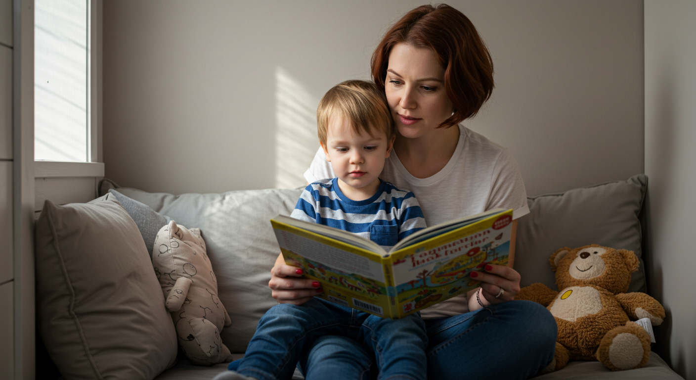 Мама читает сыну книгу, развивая эмоциональную связь в спокойной обстановке