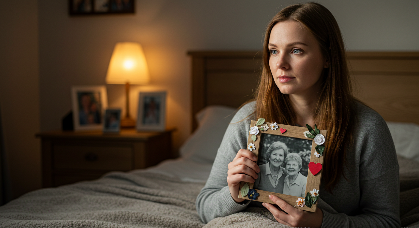 Мама держит фоторамку с изображением покойной матери, выражение нежности и памяти