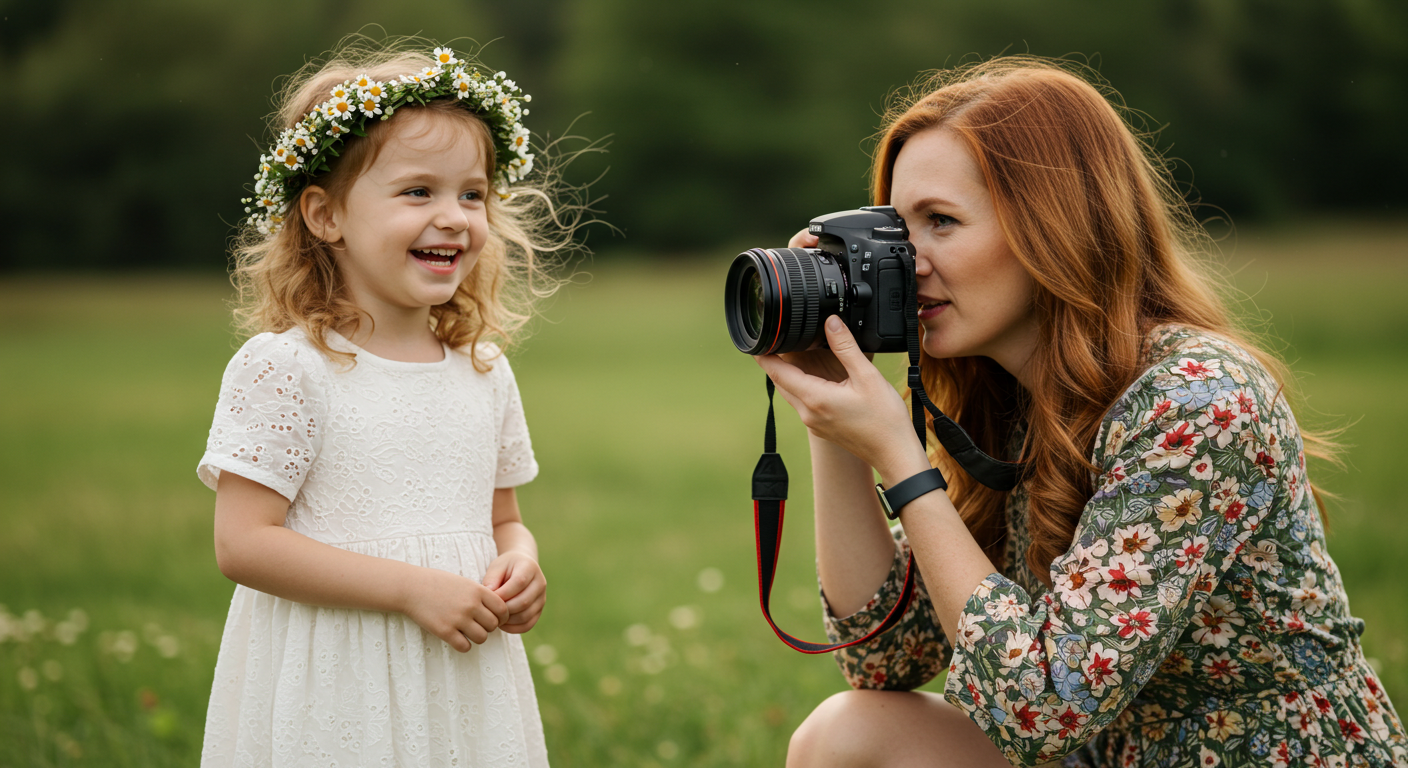 Мама фотографирует дочку с венком из цветов на лугу