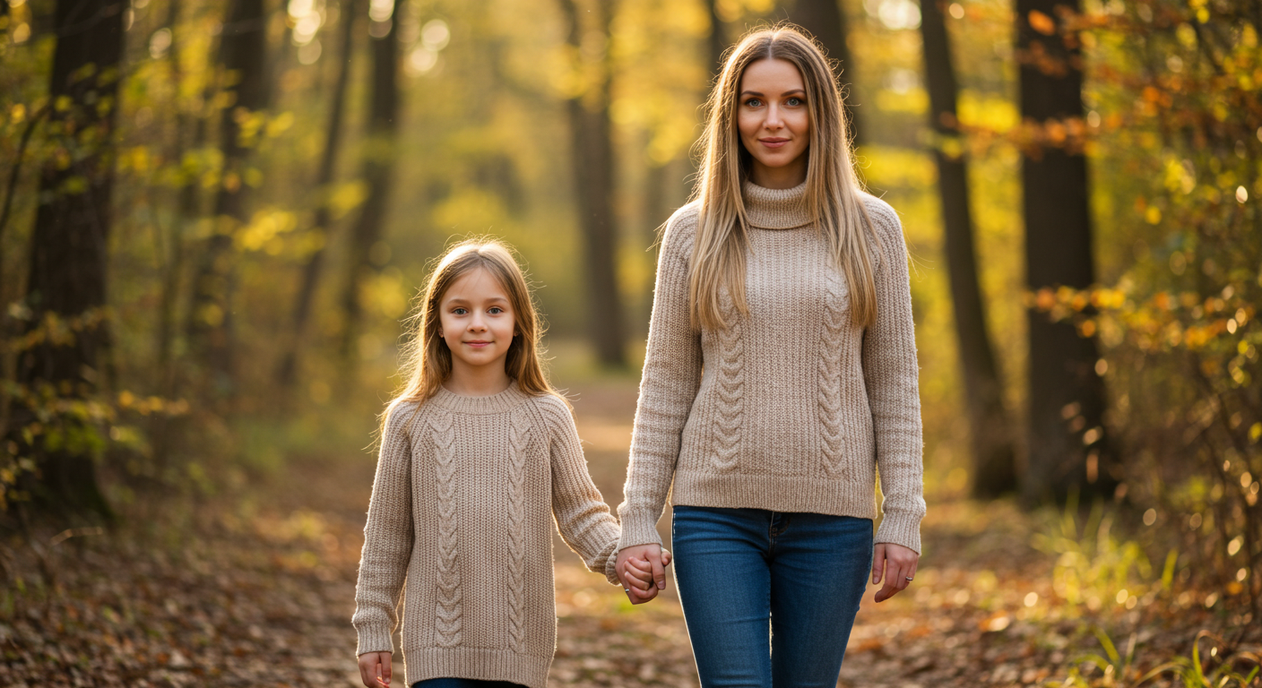 Мама гуляет с дочерью по лесной тропе осенью, обе в свитерах