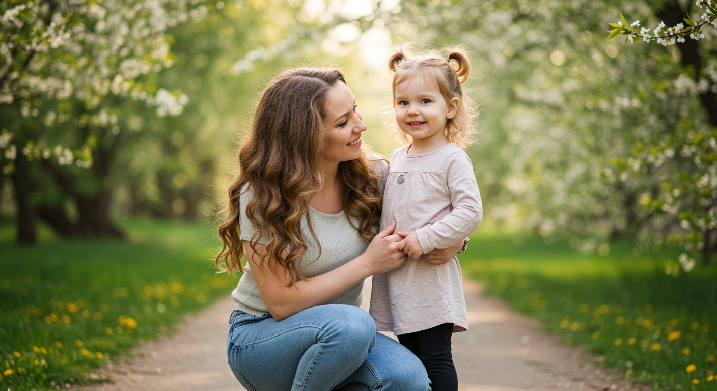 Мама гуляет с дочерью по парку, держась за руки и улыбаясь