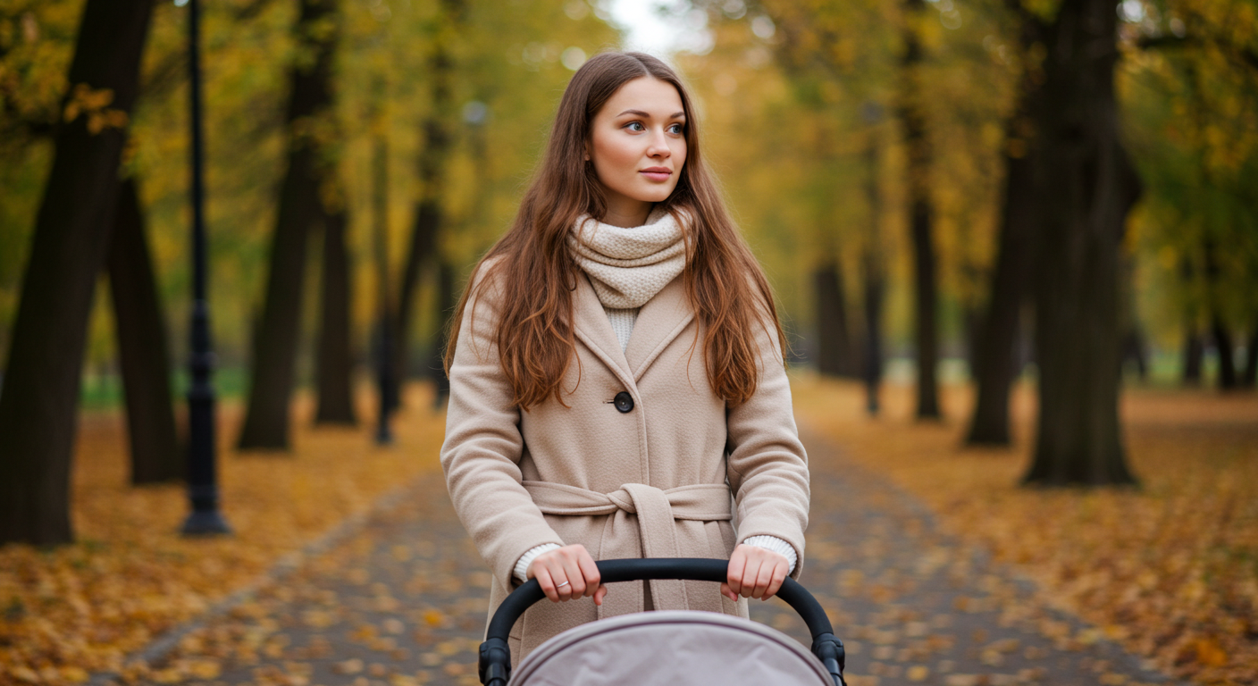 Мама гуляет с малышом в коляске по осеннему парку