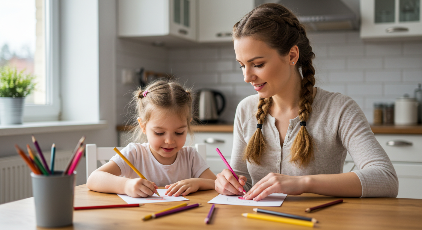Мама и дочь рисуют цветными карандашами на кухонном столе