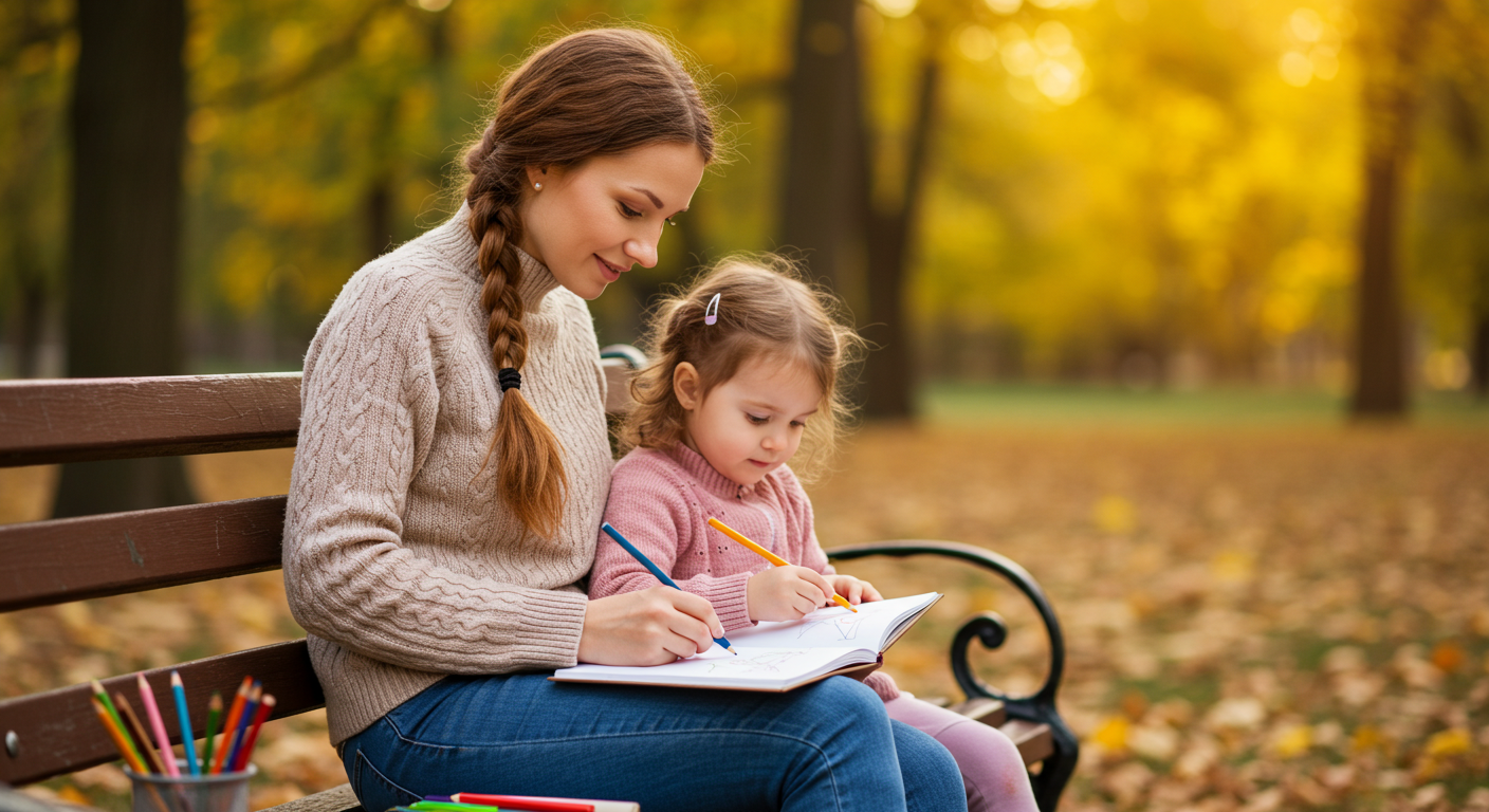Мама и дочь рисуют в парке, золотые осенние листья вокруг