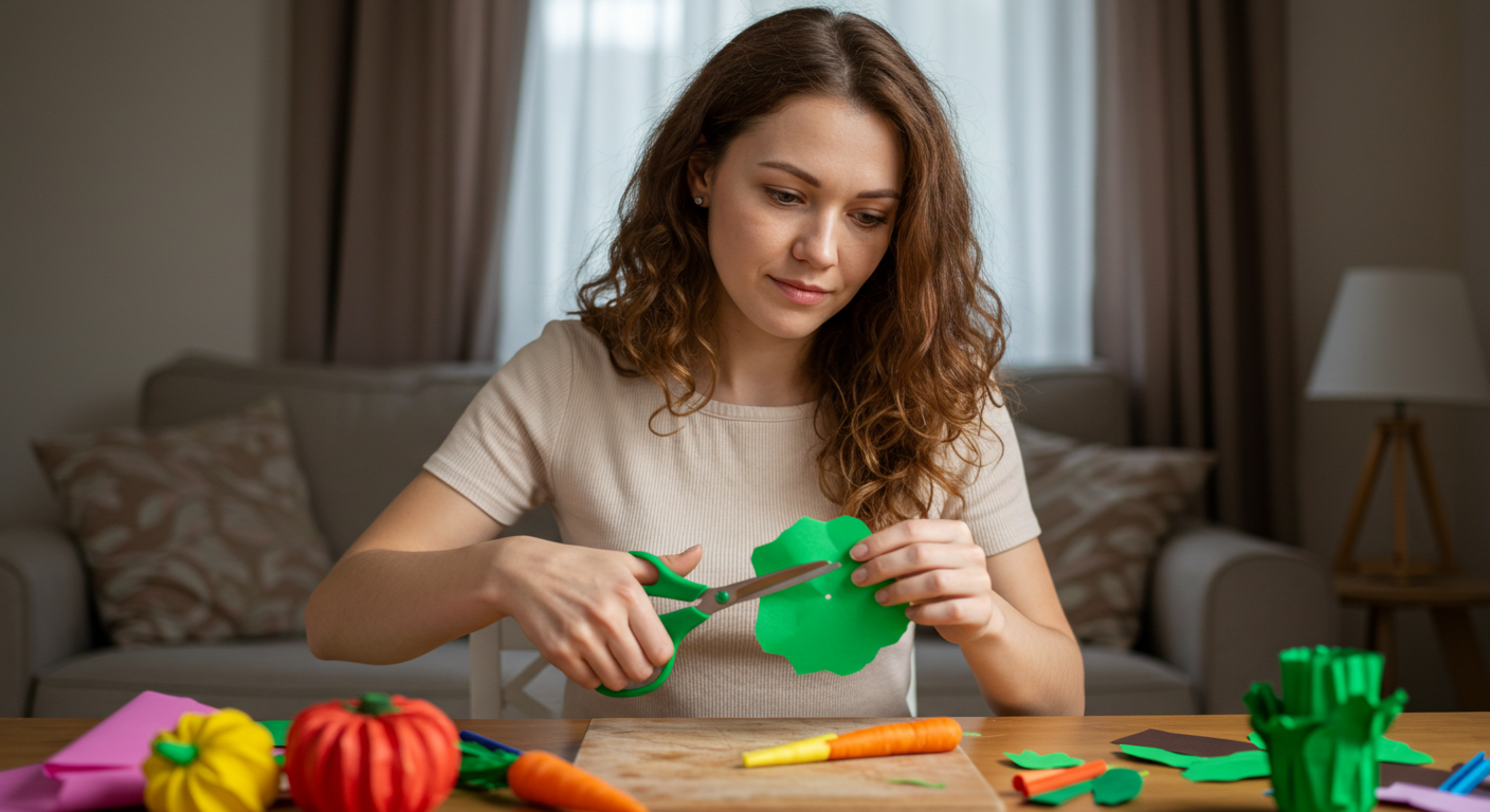 Мама и дочь вырезают овощи из бумаги для праздника в саду