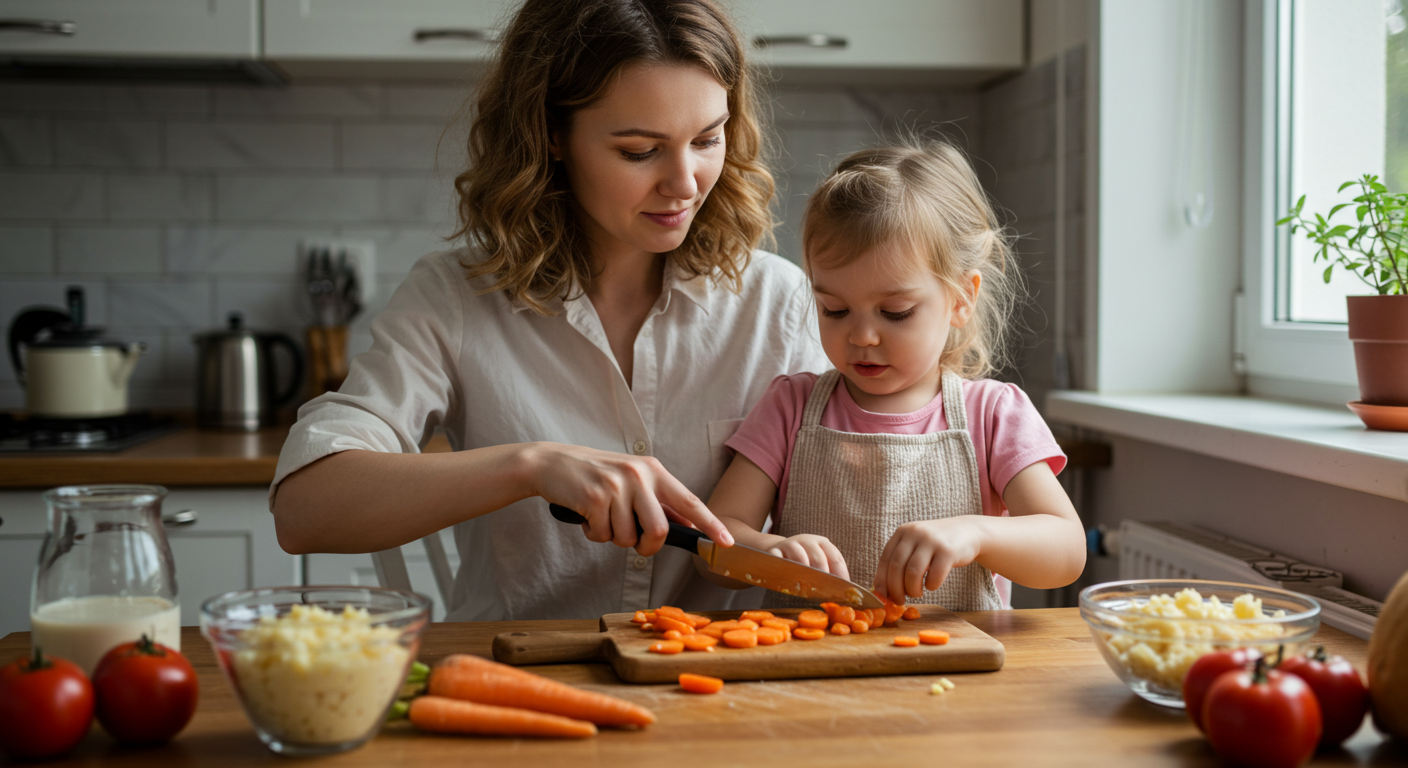 Мама и дочка нарезают морковь для детского салата на кухонном столе