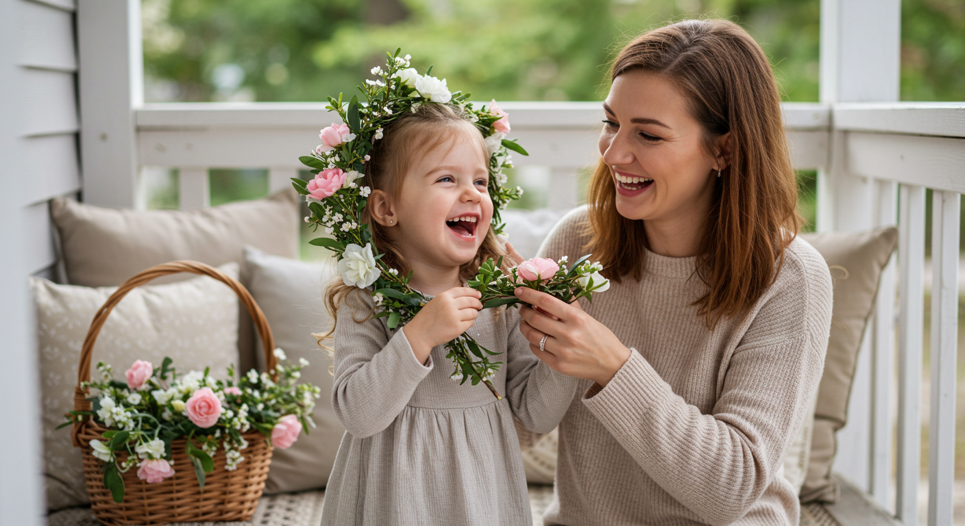 Мама и дочка примеряют венки из цветов на веранде дома
