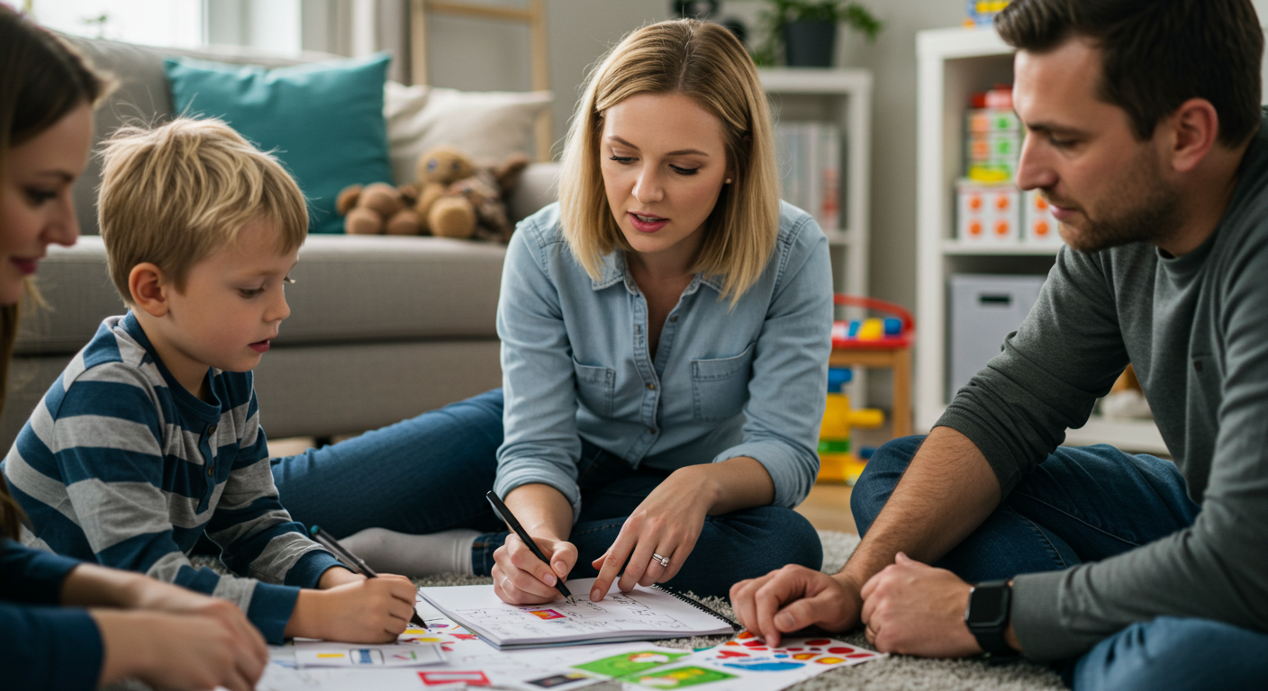 Мама и другие родители планируют школьное событие с помощью наклеек и блокнота
