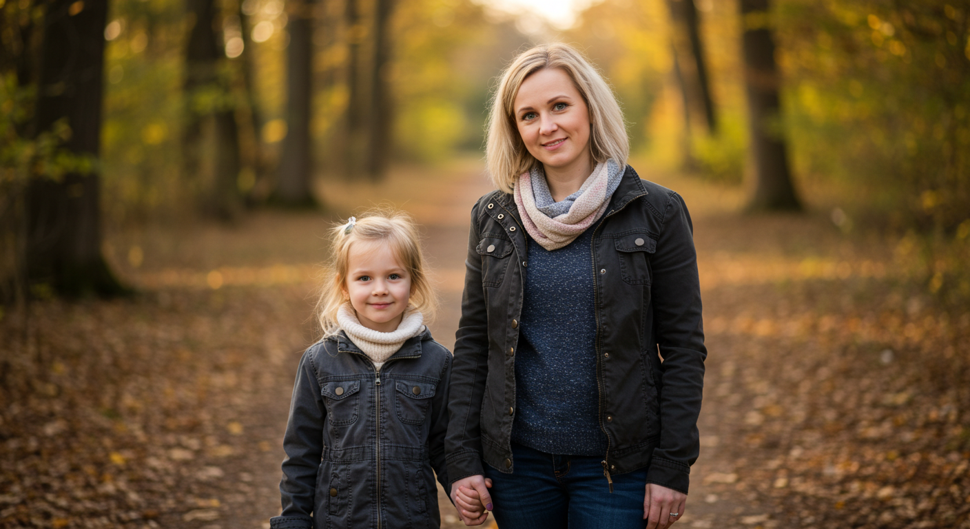 Мама идет с дочерью по лесу, осень, связь и поддержка между ними