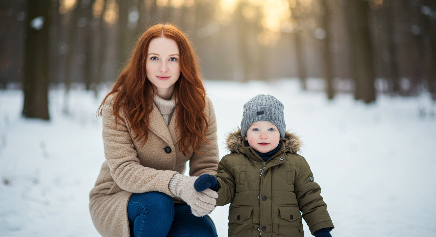 Мама идет с сыном по осеннему парку, держа его за руку