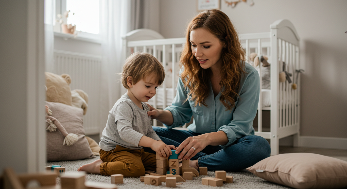 Мама играет с сыном в детской, помогая строить из кубиков