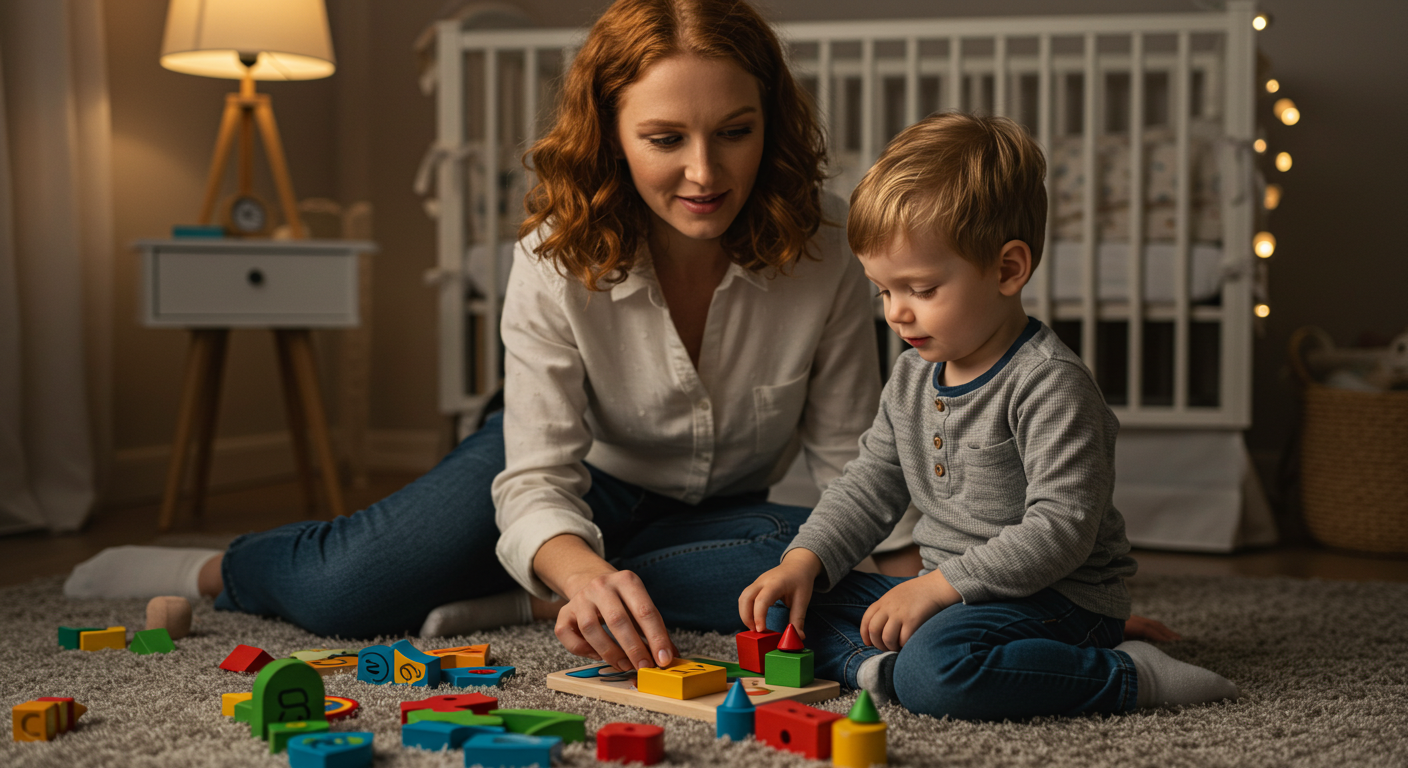 Мама играет с сыном в пазлы на ковре, устанавливая границы в общении