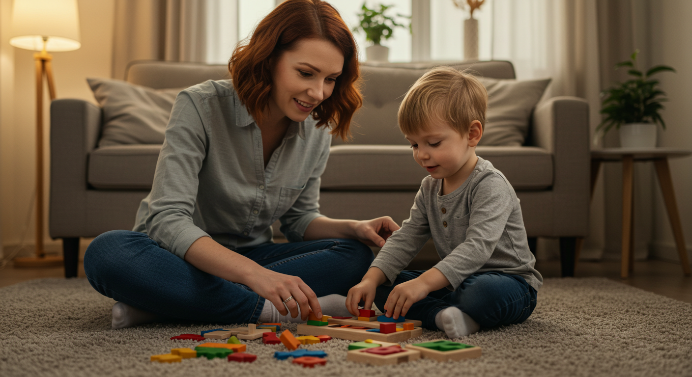 Мама играет с трехлетним сыном на полу в гостиной