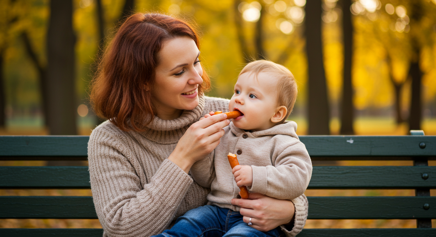 Мама кормит сына домашними сосисками в парке, вокруг осенние деревья