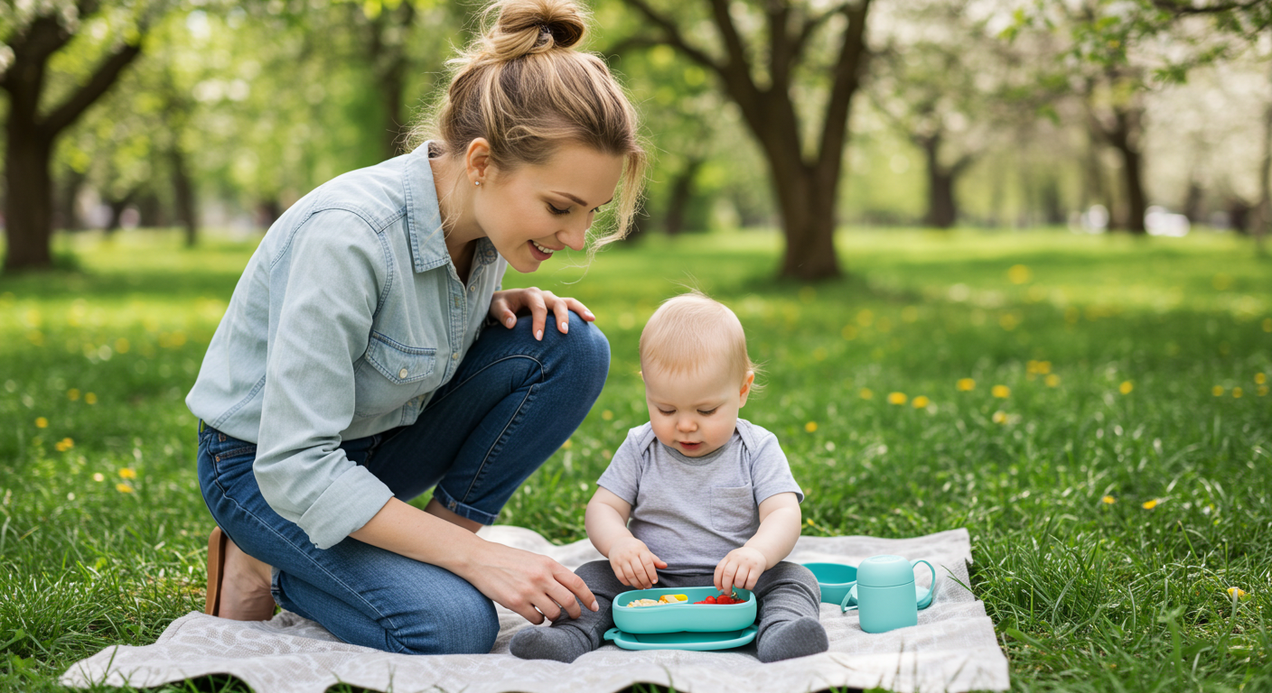 Мама наблюдает за сыном, который исследует разделенную тарелку с закусками