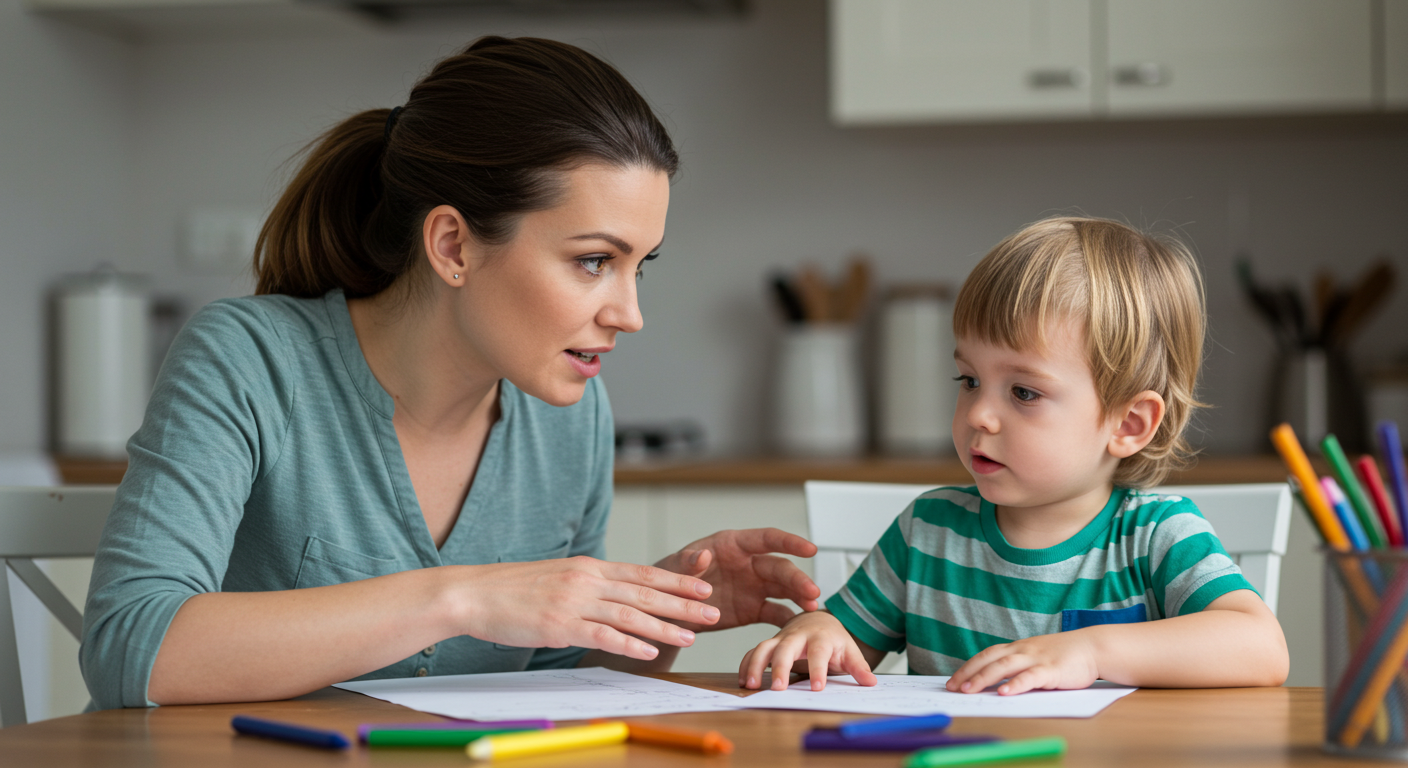Мама объясняет своему сыну за кухонным столом, используя карандаши