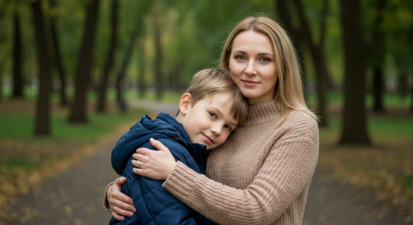 Мама обнимает сына в парке в облачный день