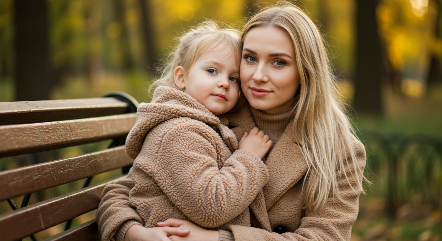 Мама обнимает трехлетнюю дочь на скамейке в парке