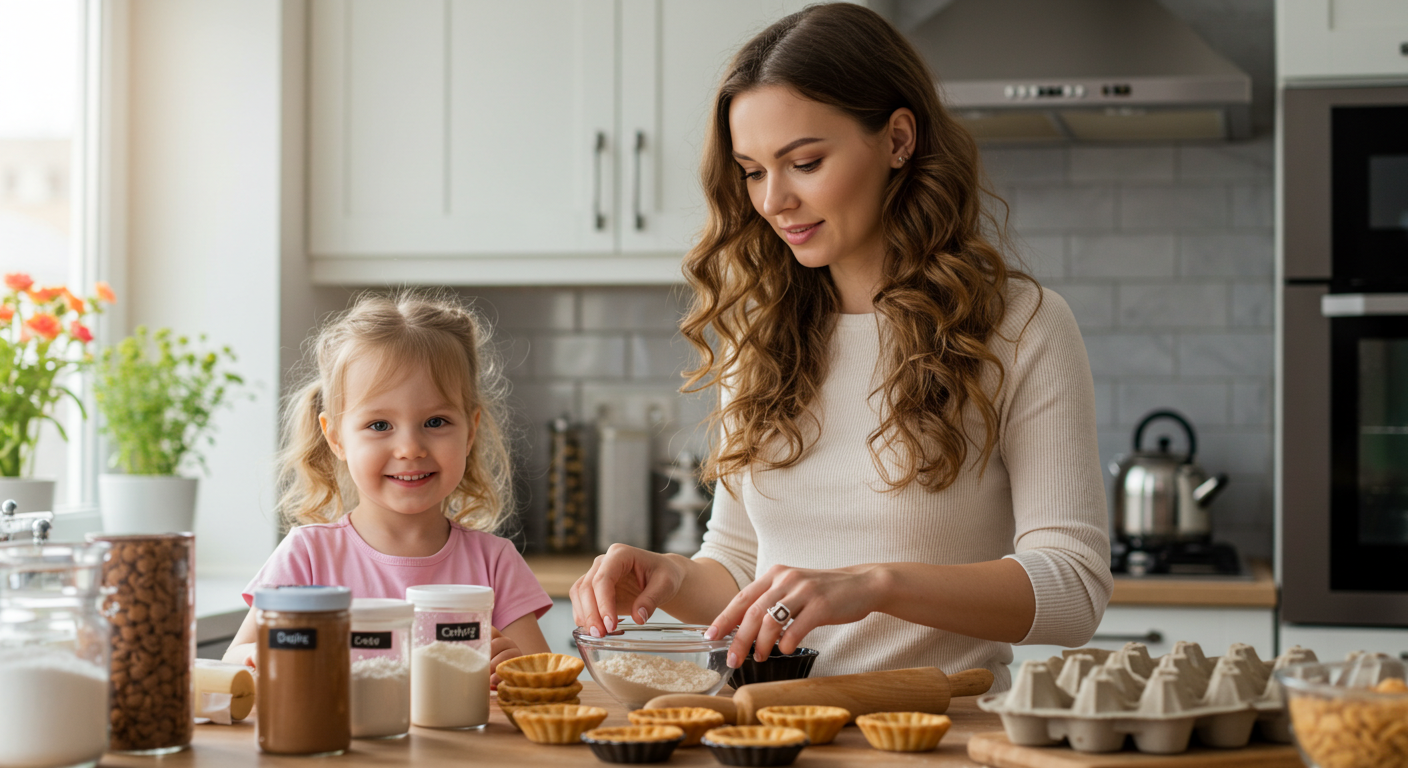 Мама организует ингредиенты для детских салатов, дочка рядом