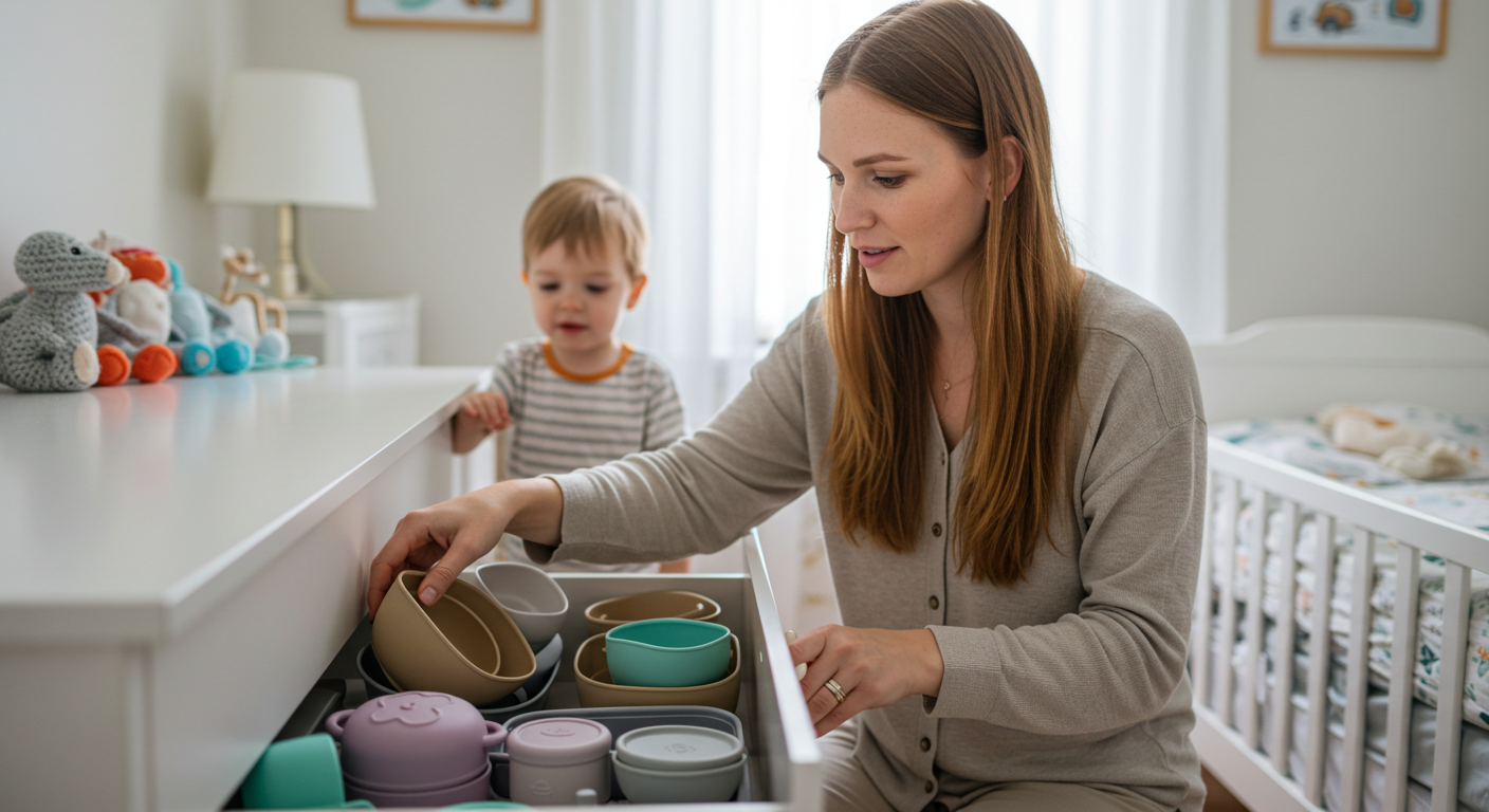 Мама организует ящик с безопасной посудой для прикорма в детской