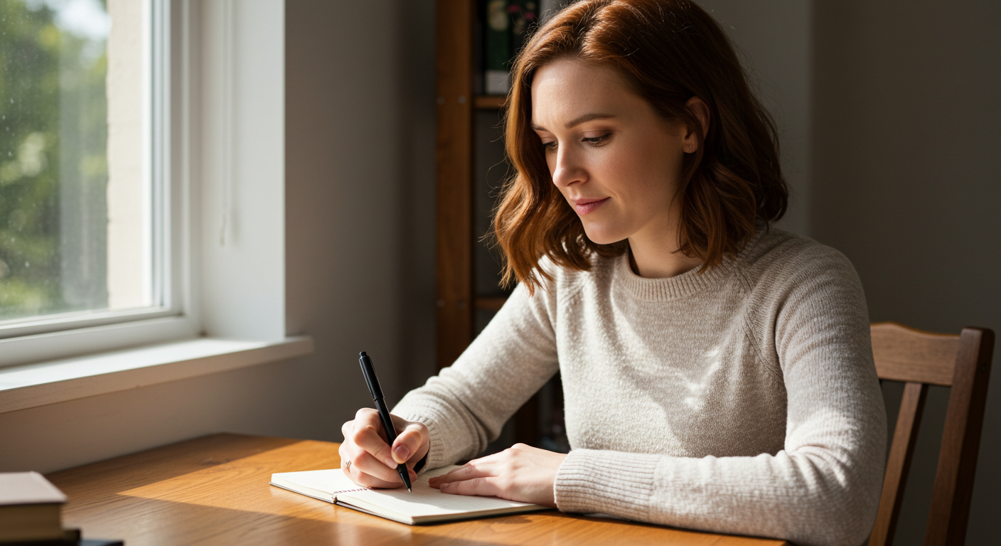 Мама пишет в блокноте на столе у окна, расслабленная поза и дневной свет