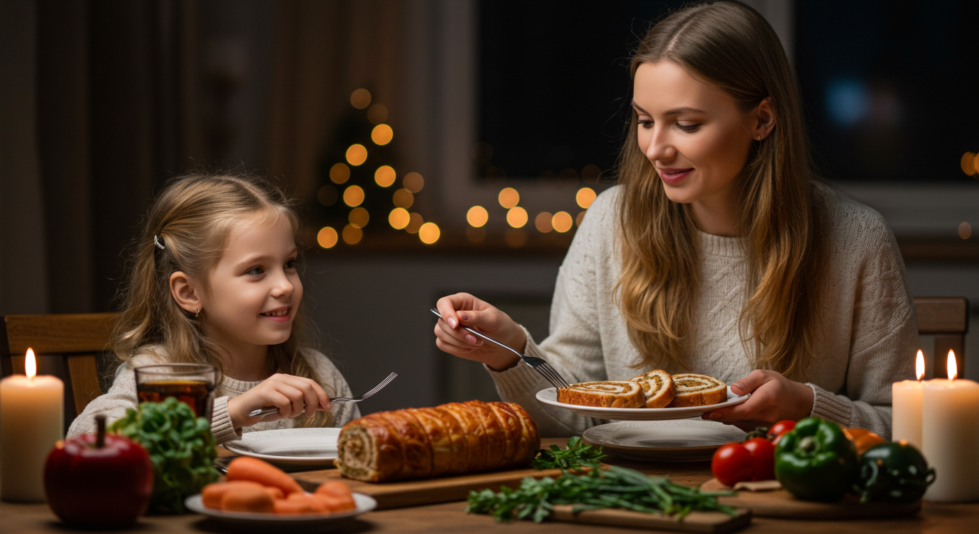 Мама подает нарезанный рулет из сала с хлебом и зеленью дочке на празднике