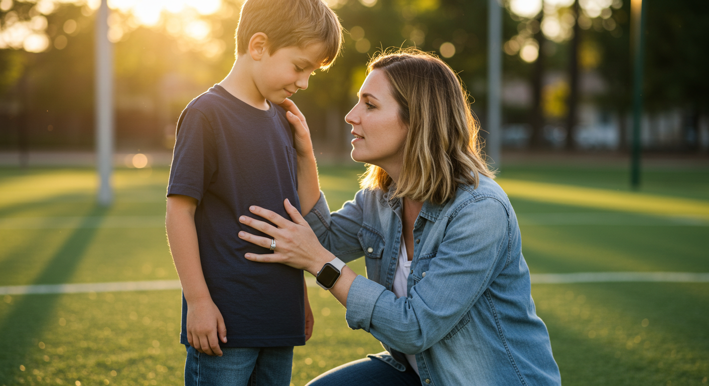 Мама поддерживает сына после спортивной игры на площадке