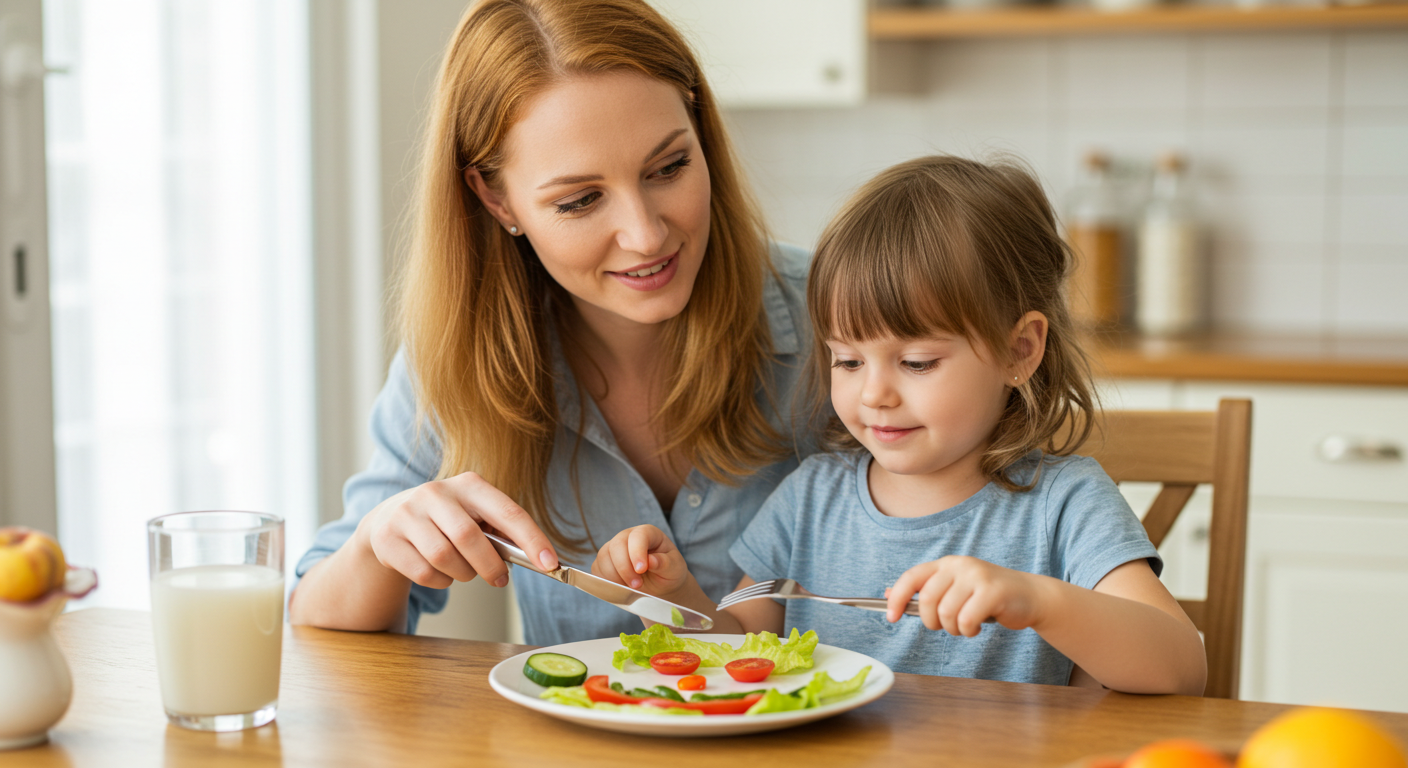 Мама показывает дочке салат, оформленный в виде лица