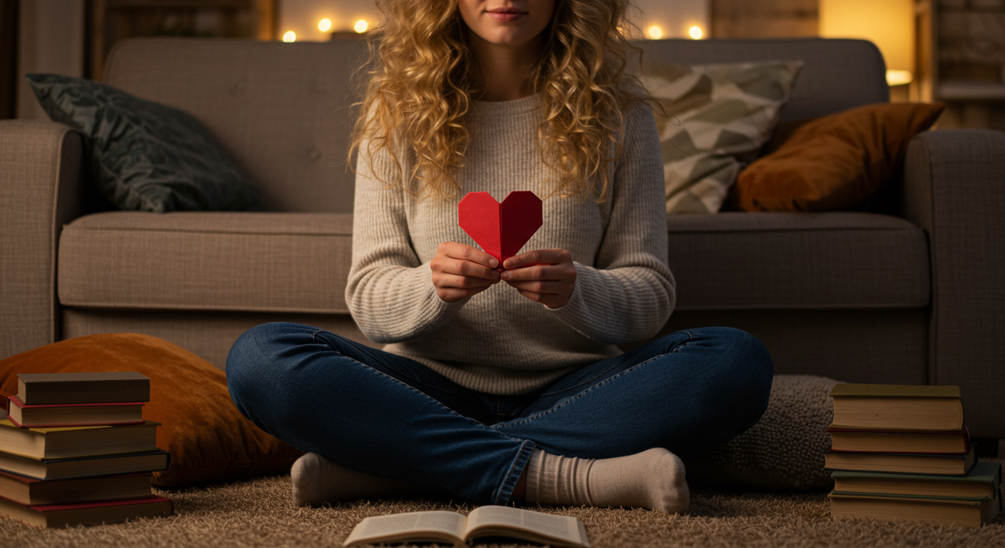 Мама показывает дочери оригами сердце в уютной гостиной, сидят на ковре