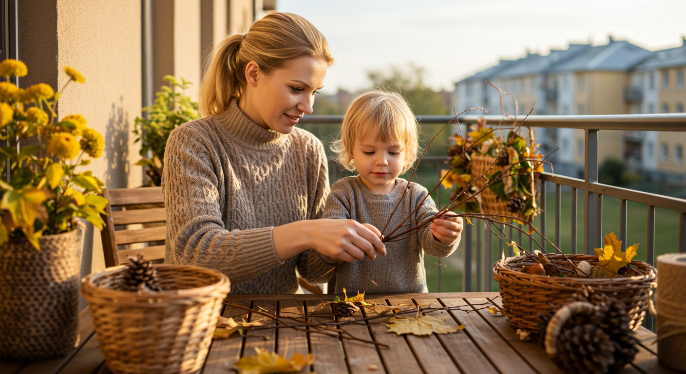 Мама показывает сыну, как согнуть березовые ветки на балконе